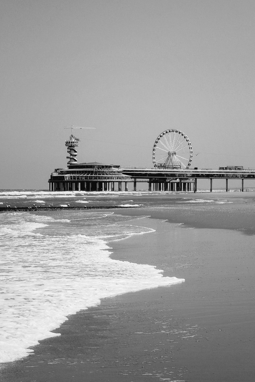 a black and white photo of a pier and a ferris wheel
