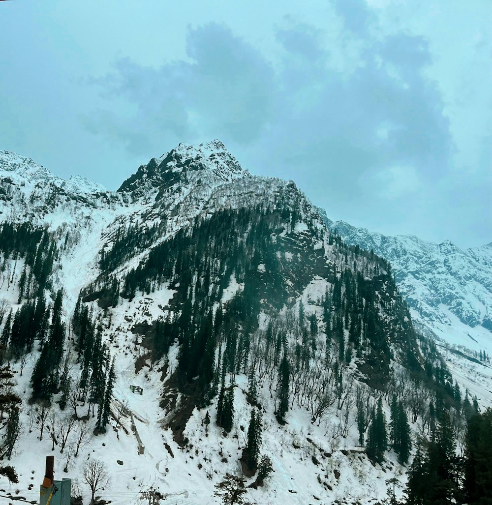 a mountain covered in snow with a sky background