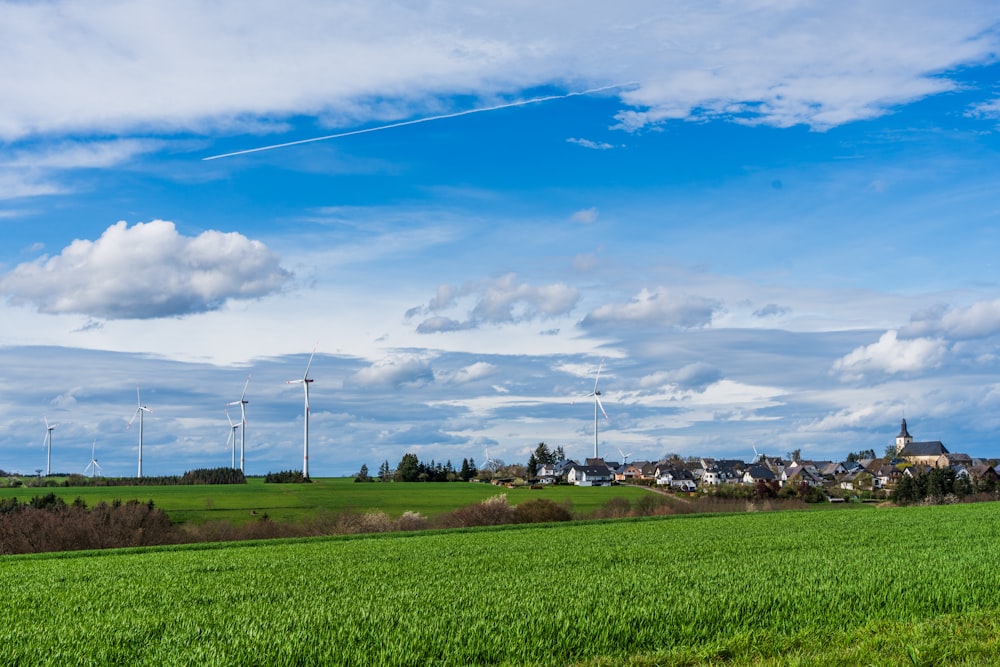 a green field with wind turbines in the distance