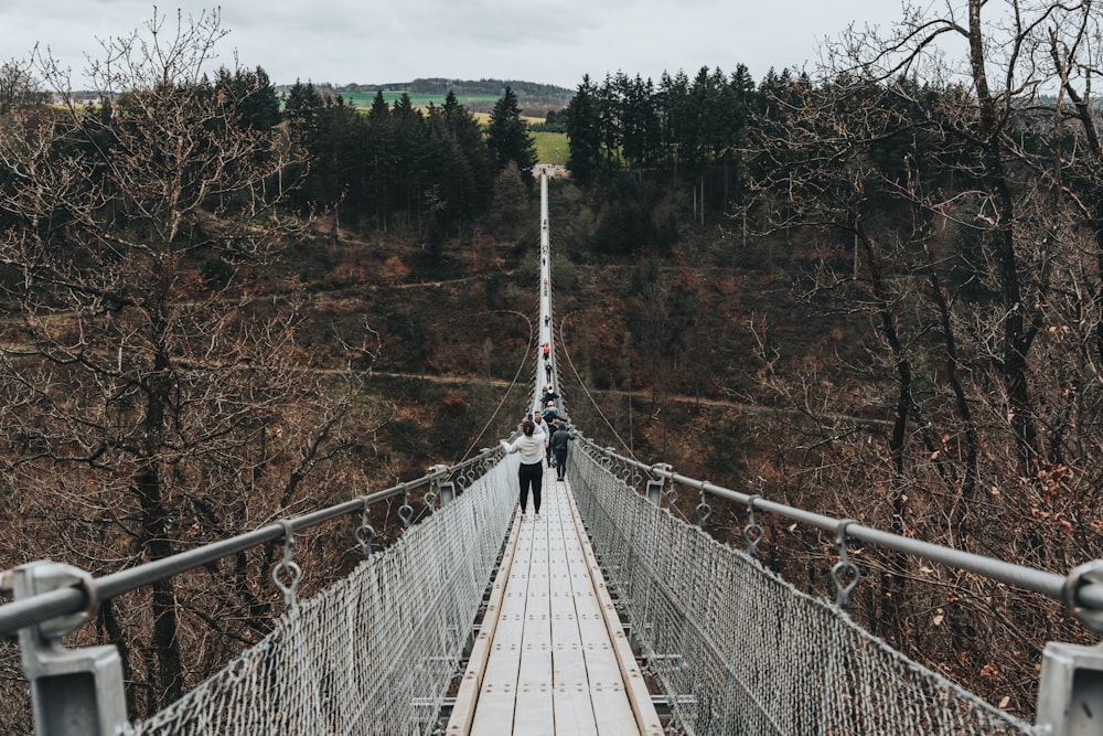 two people walking across a suspension bridge in the woods