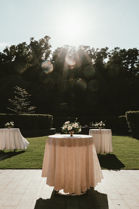 a table with a white table cloth on it