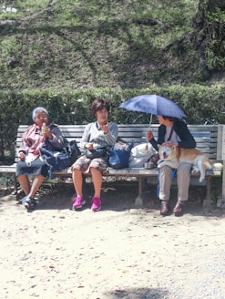 three people sitting on a bench with a dog under an umbrella
