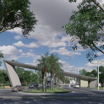 a computer generated image of a street with palm trees