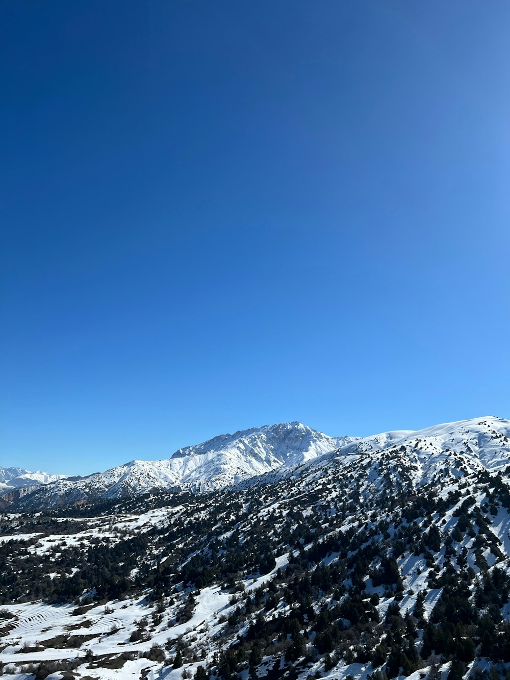 Blick auf eine verschneite Bergkette vom Skilift aus