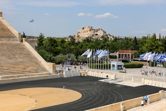 a stadium with a lot of flags in front of it
