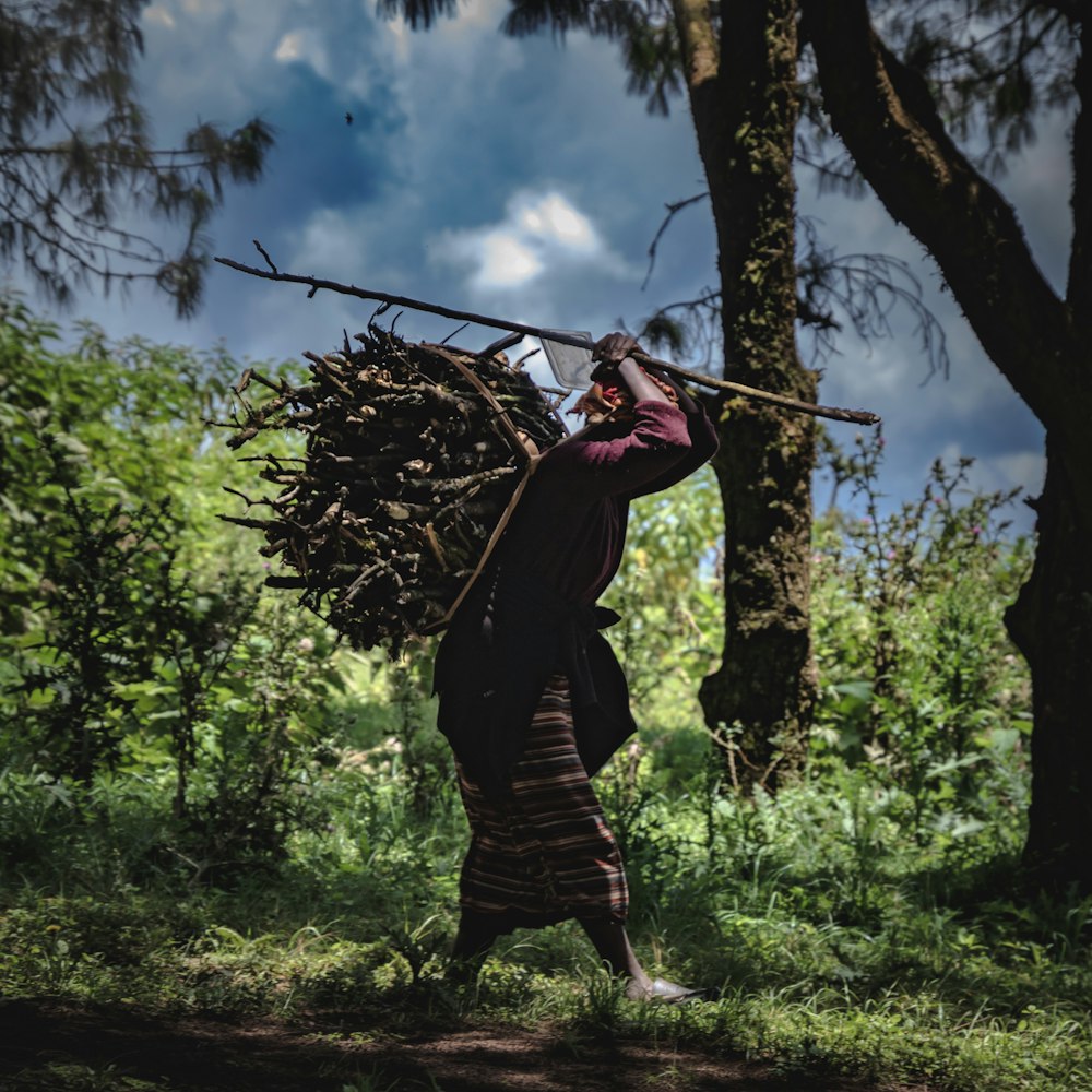 a woman carrying a load of branches through a forest