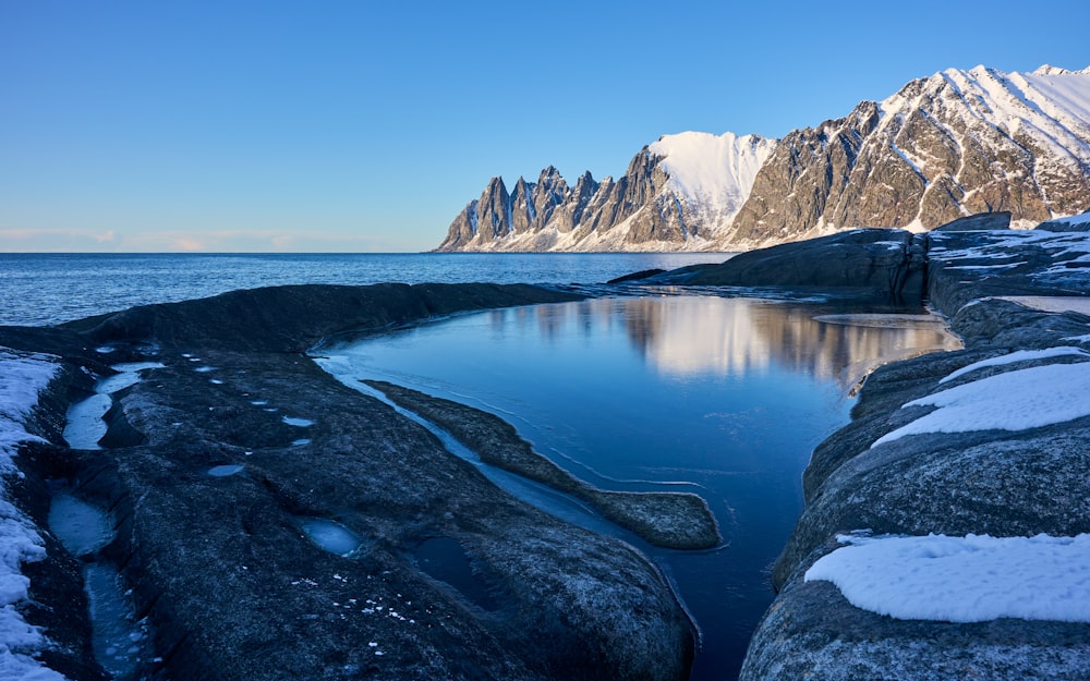 a large body of water surrounded by snow covered mountains