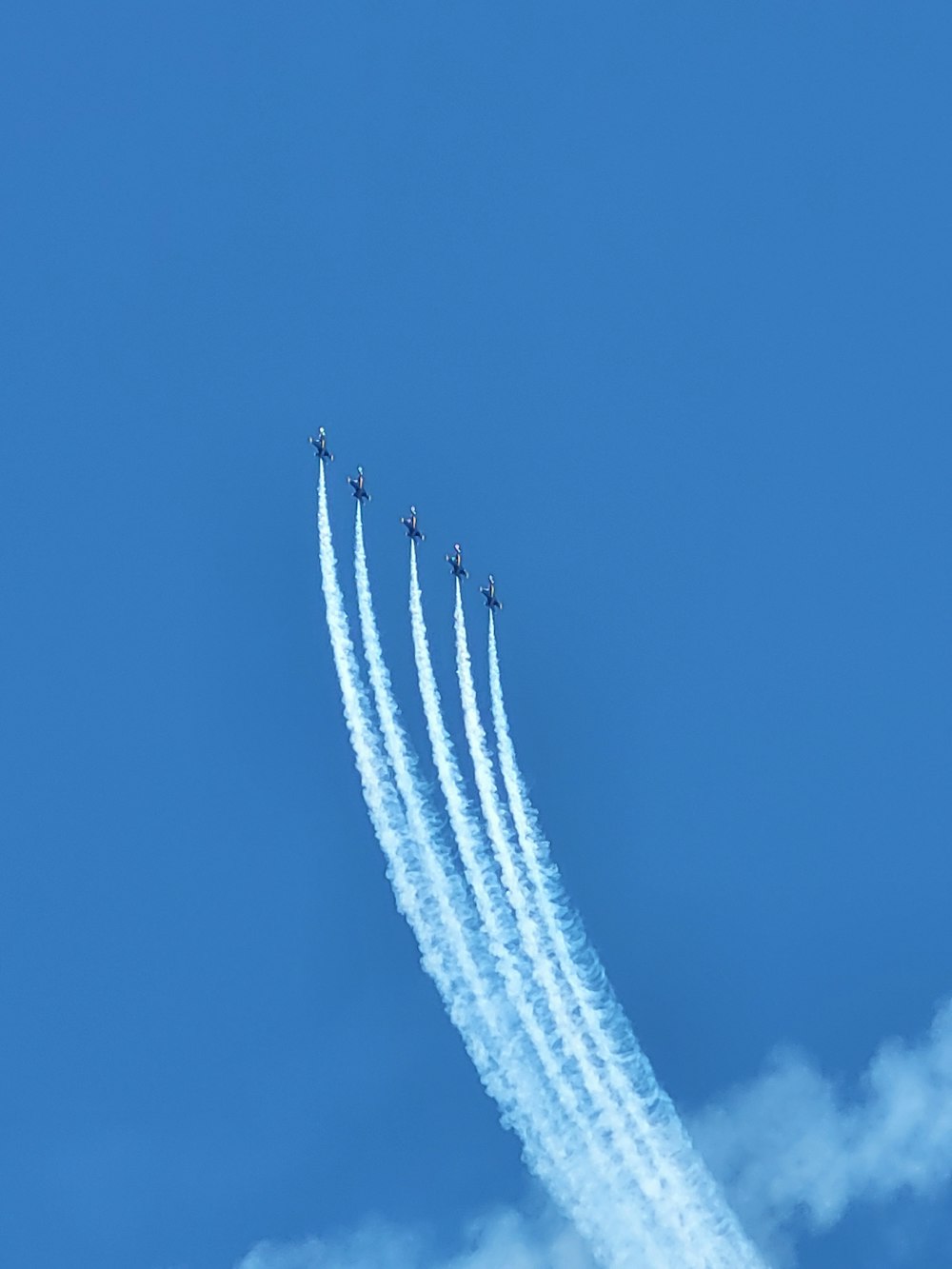 a group of jets flying through a blue sky