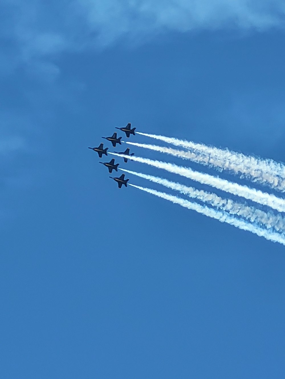 a group of fighter jets flying through a blue sky