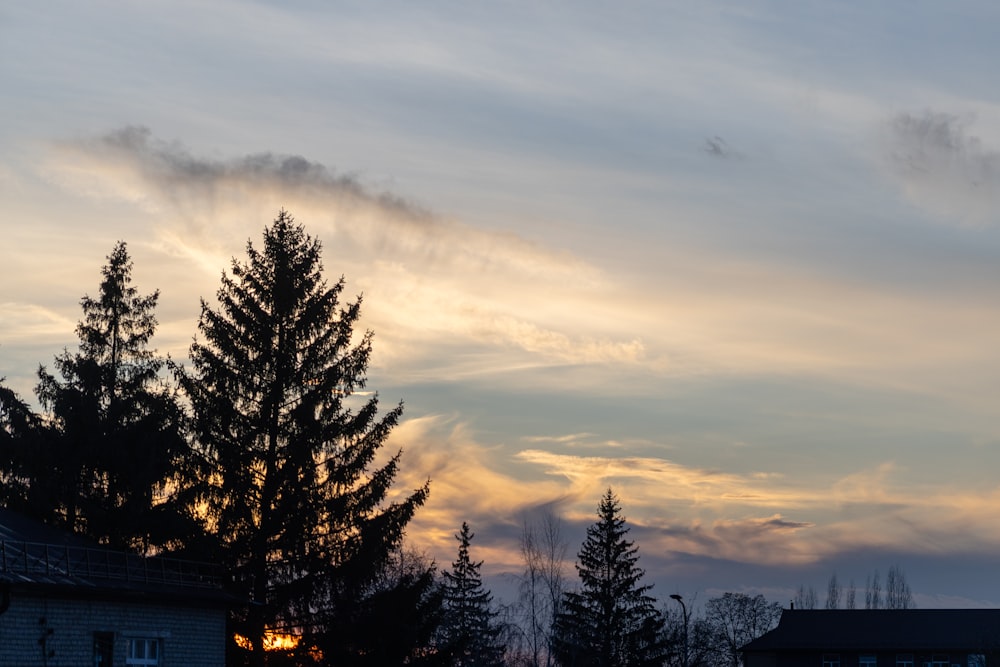 the sun is setting behind some trees