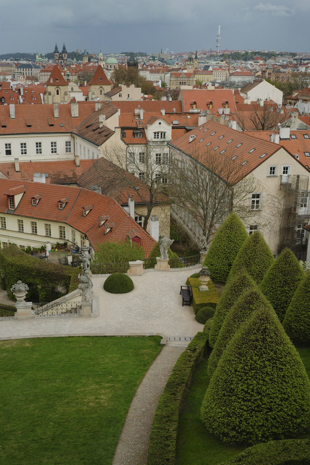 an aerial view of a city from a tower