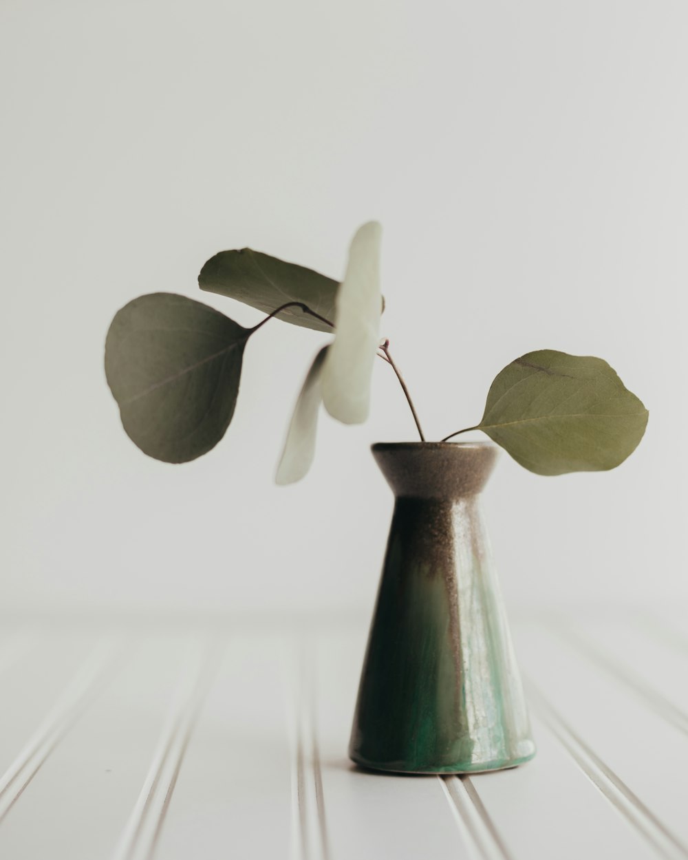 a green vase with a white flower in it