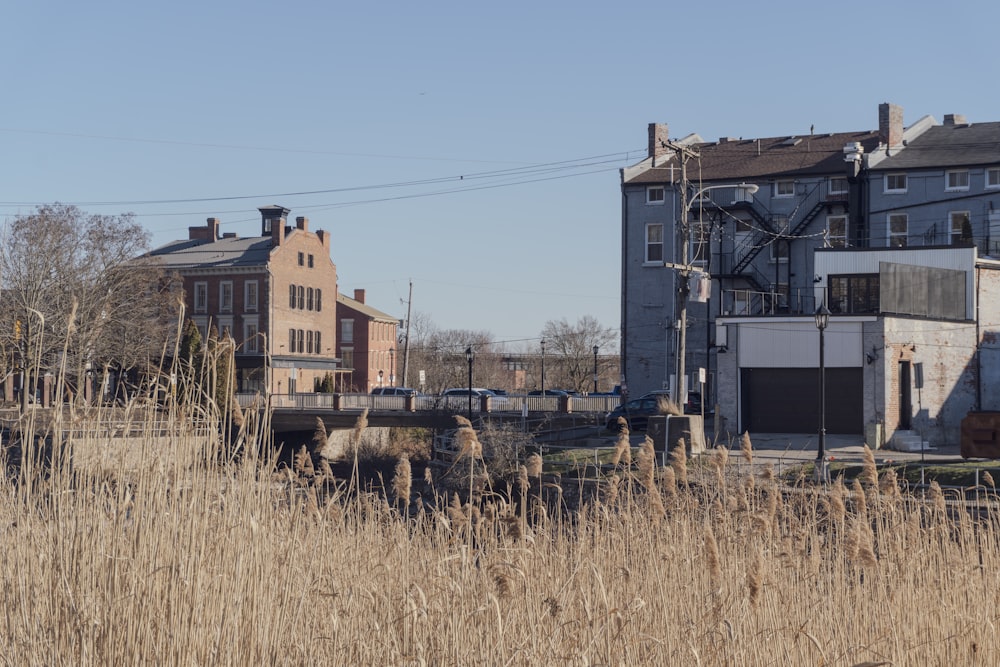 a building with a bridge in the middle of a field