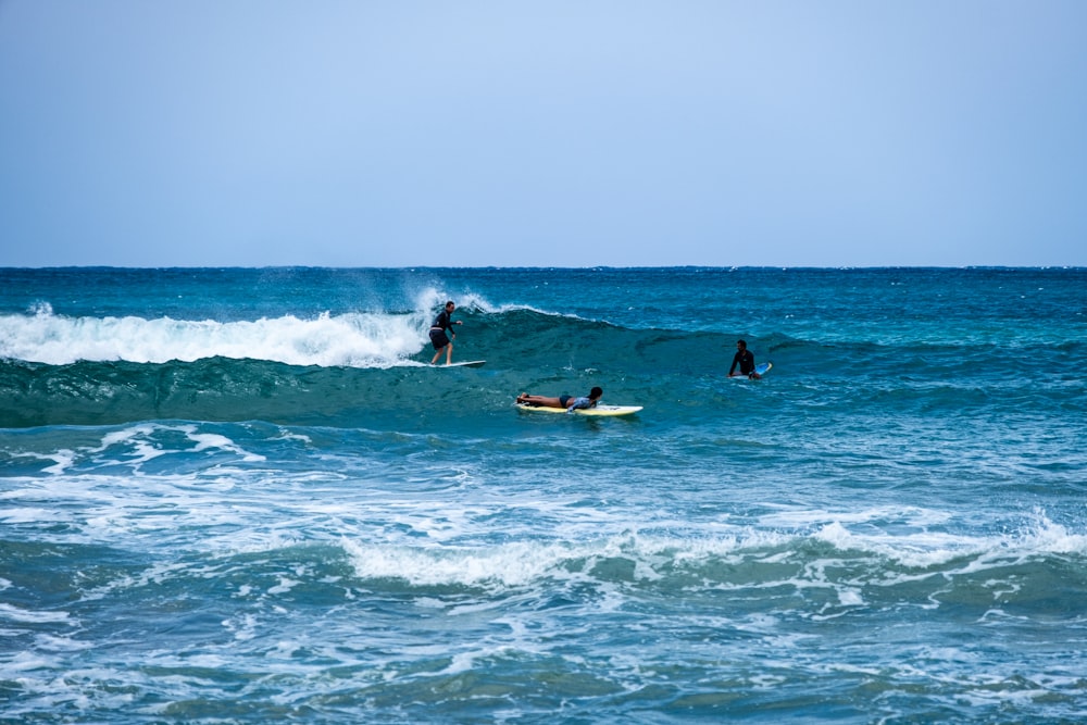 a couple of people riding surfboards on top of a wave