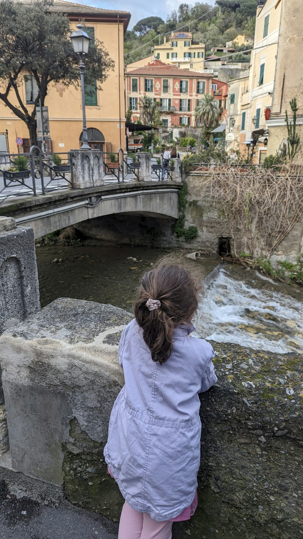 una niña pequeña parada en un puente mirando el agua