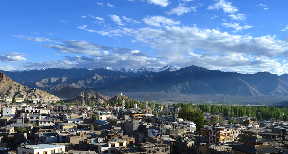 a view of a city with mountains in the background