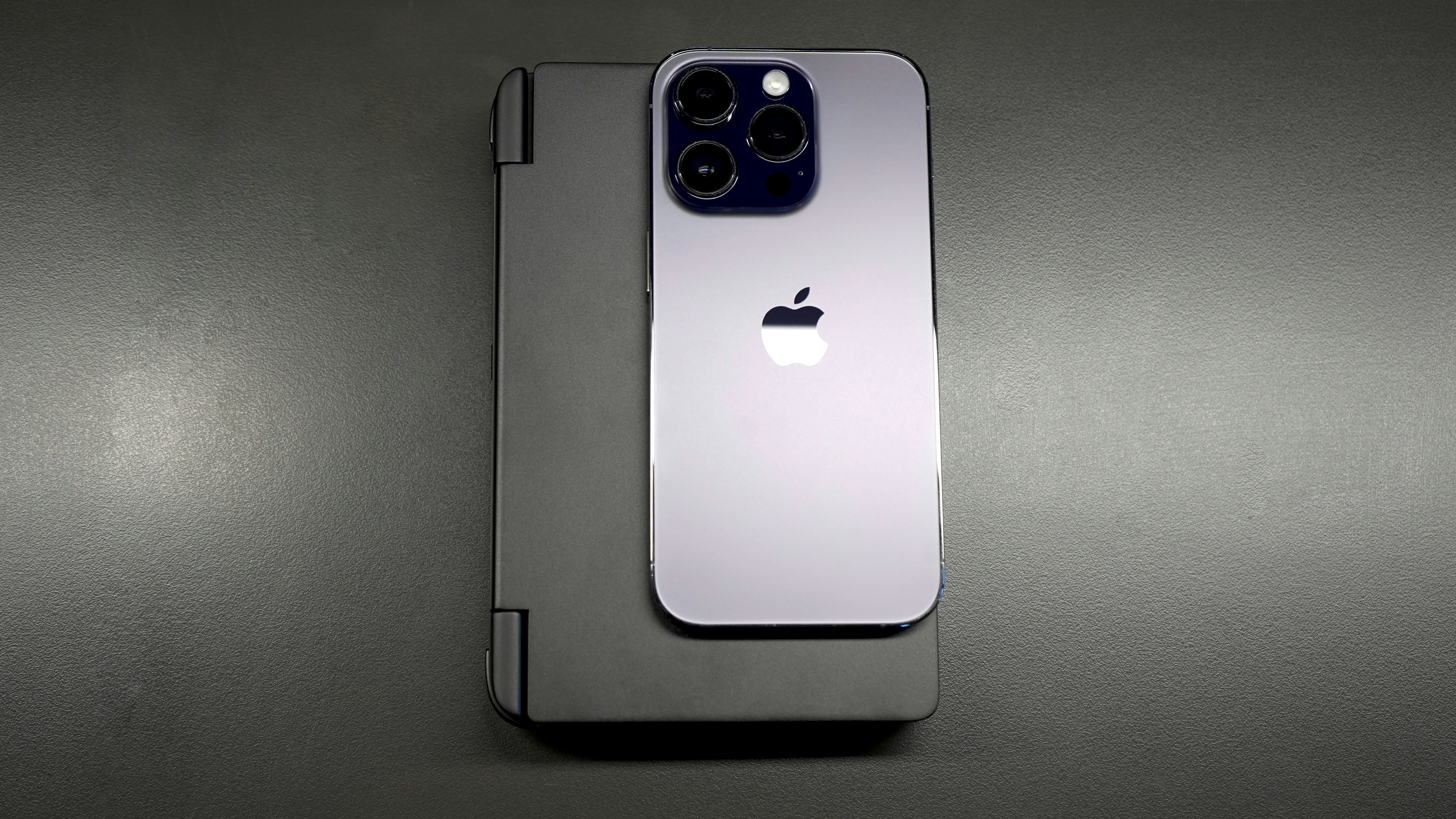 iPhone 15 Pro Max in deep purple held outdoors in natural light