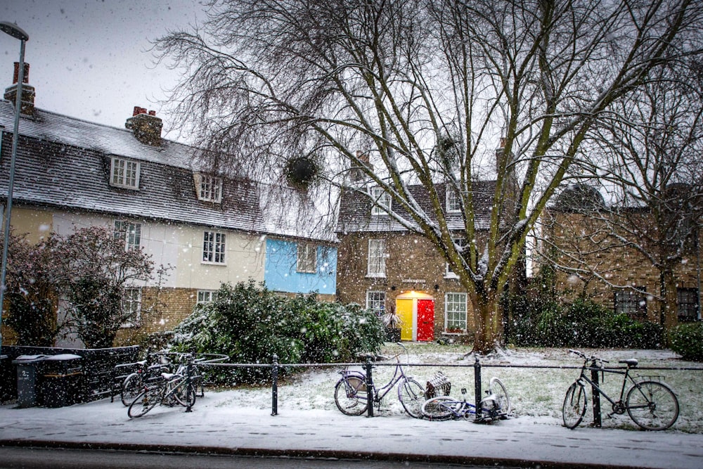 a couple of bikes are parked in the snow