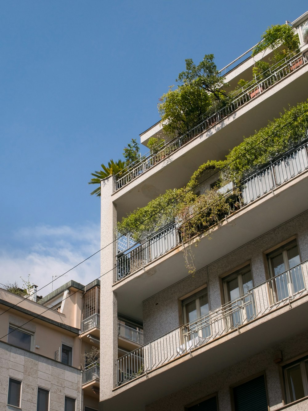 a tall building with balconies and plants on the balconies