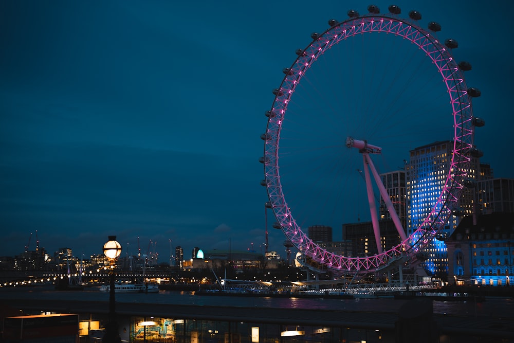 a large ferris wheel lit up at night