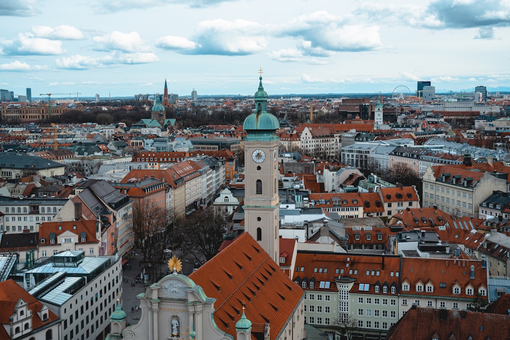 a view of a city with a clock tower