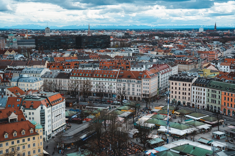 an aerial view of a city with lots of buildings