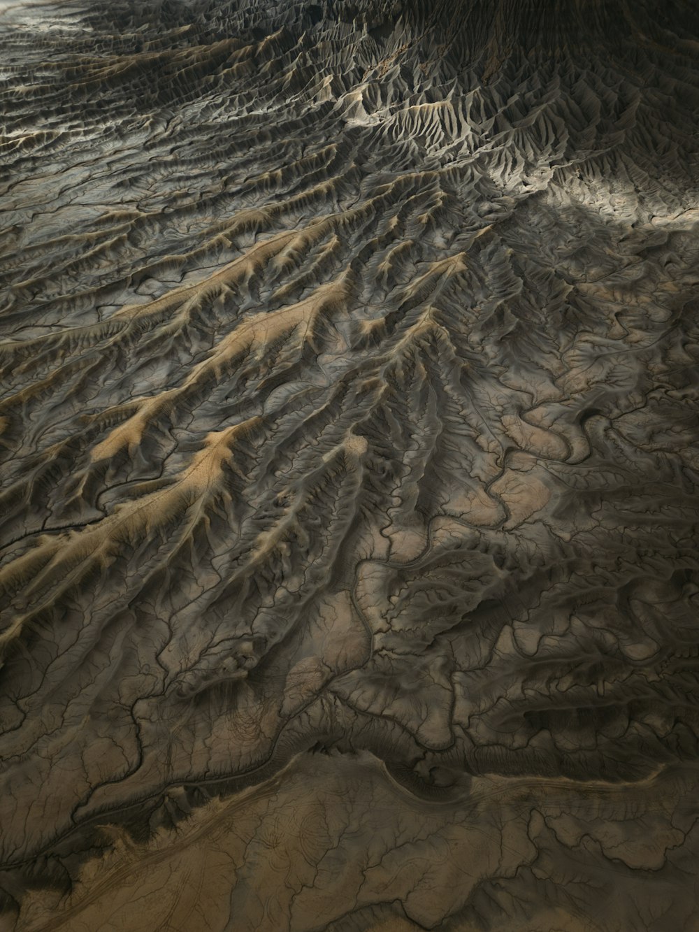 an aerial view of a desert landscape with a mountain in the background