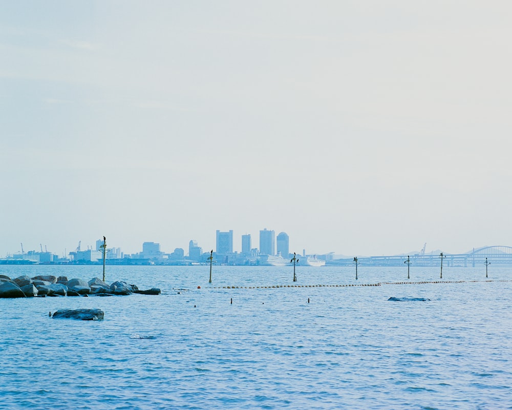 a body of water with a city in the background