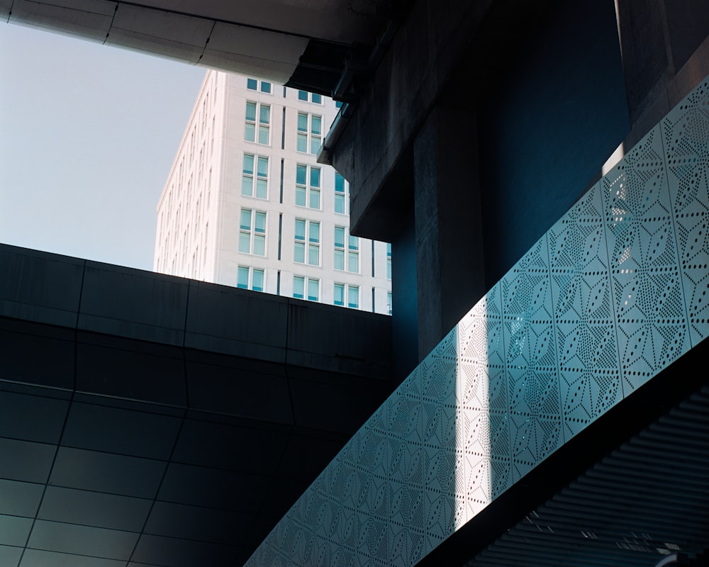 a view of a tall building from below