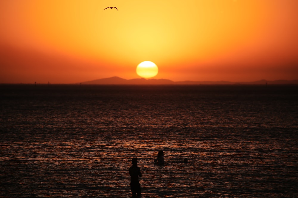 a couple of people standing on top of a body of water