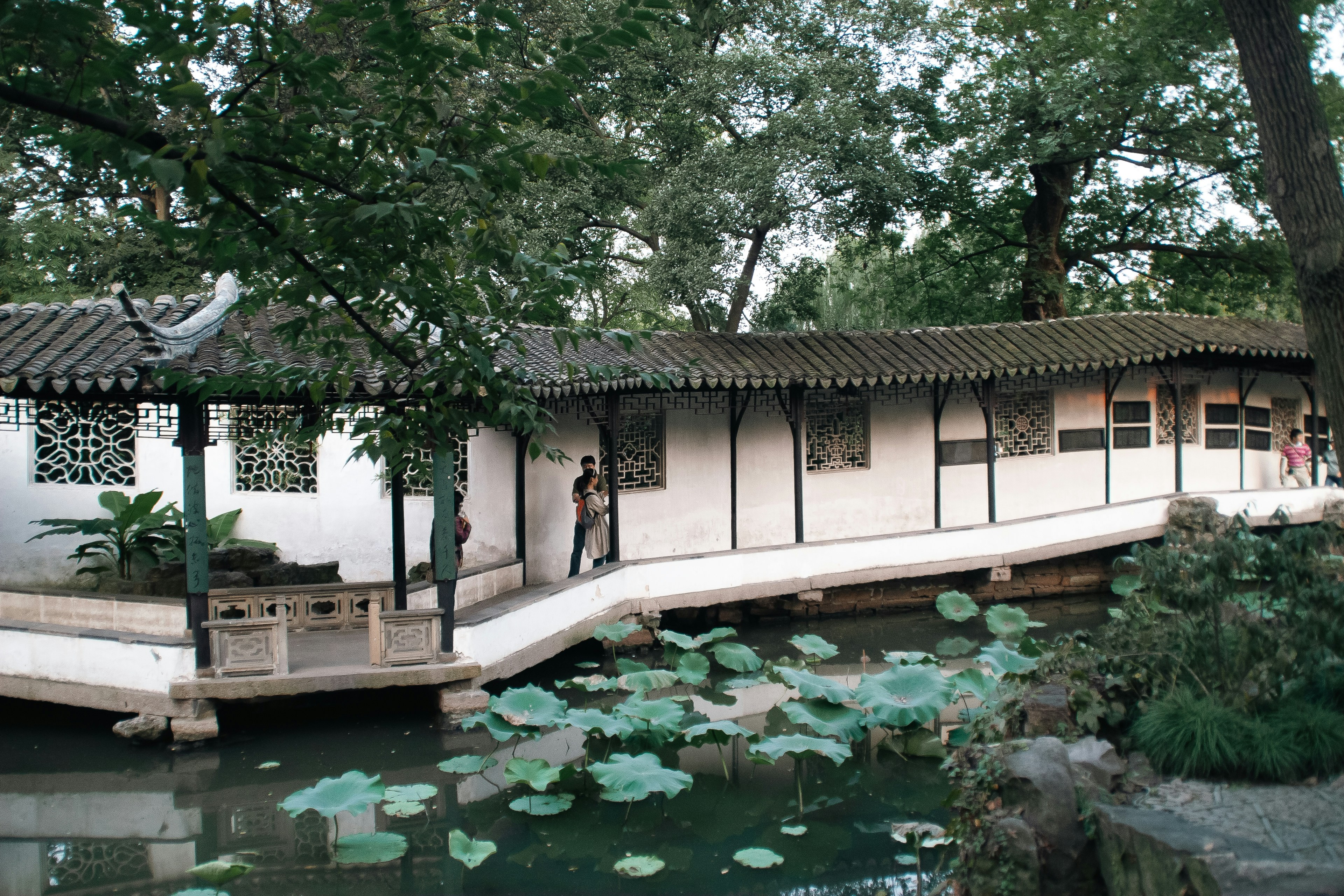 a house with a pond in front of it