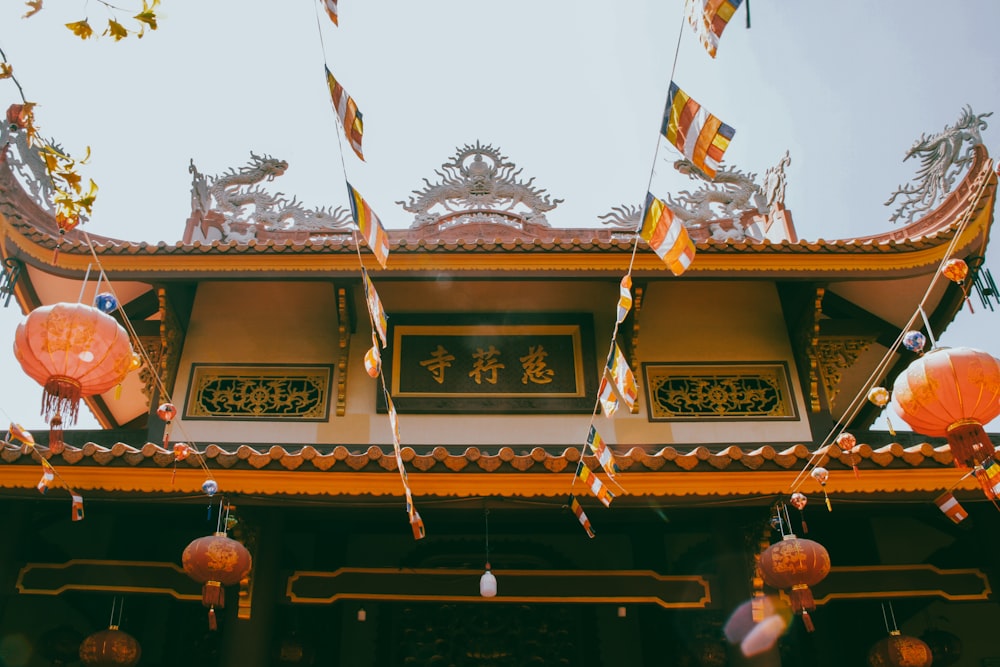 a chinese building with lanterns hanging from it's roof