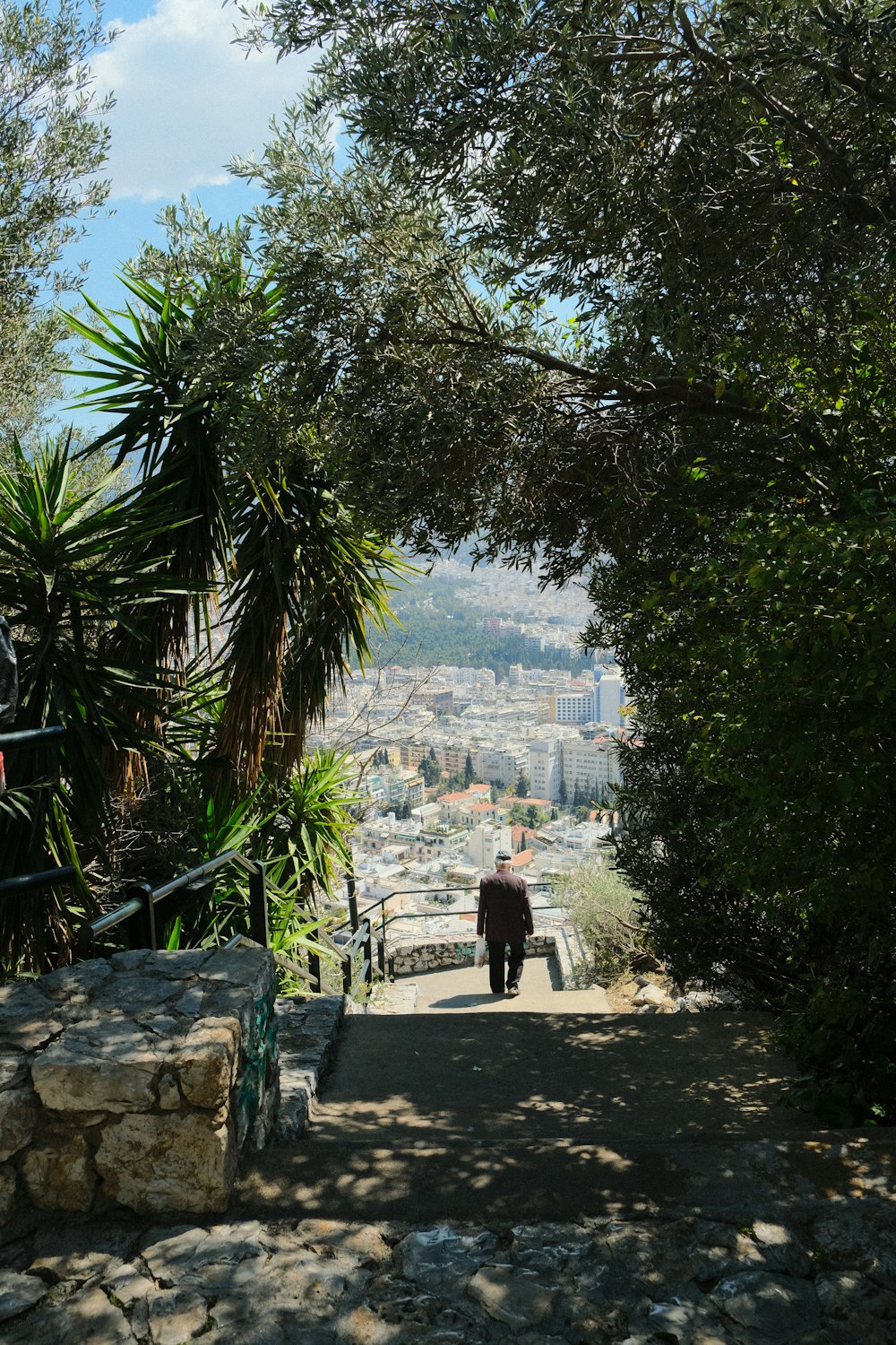 a man walking down a path next to a lush green forest