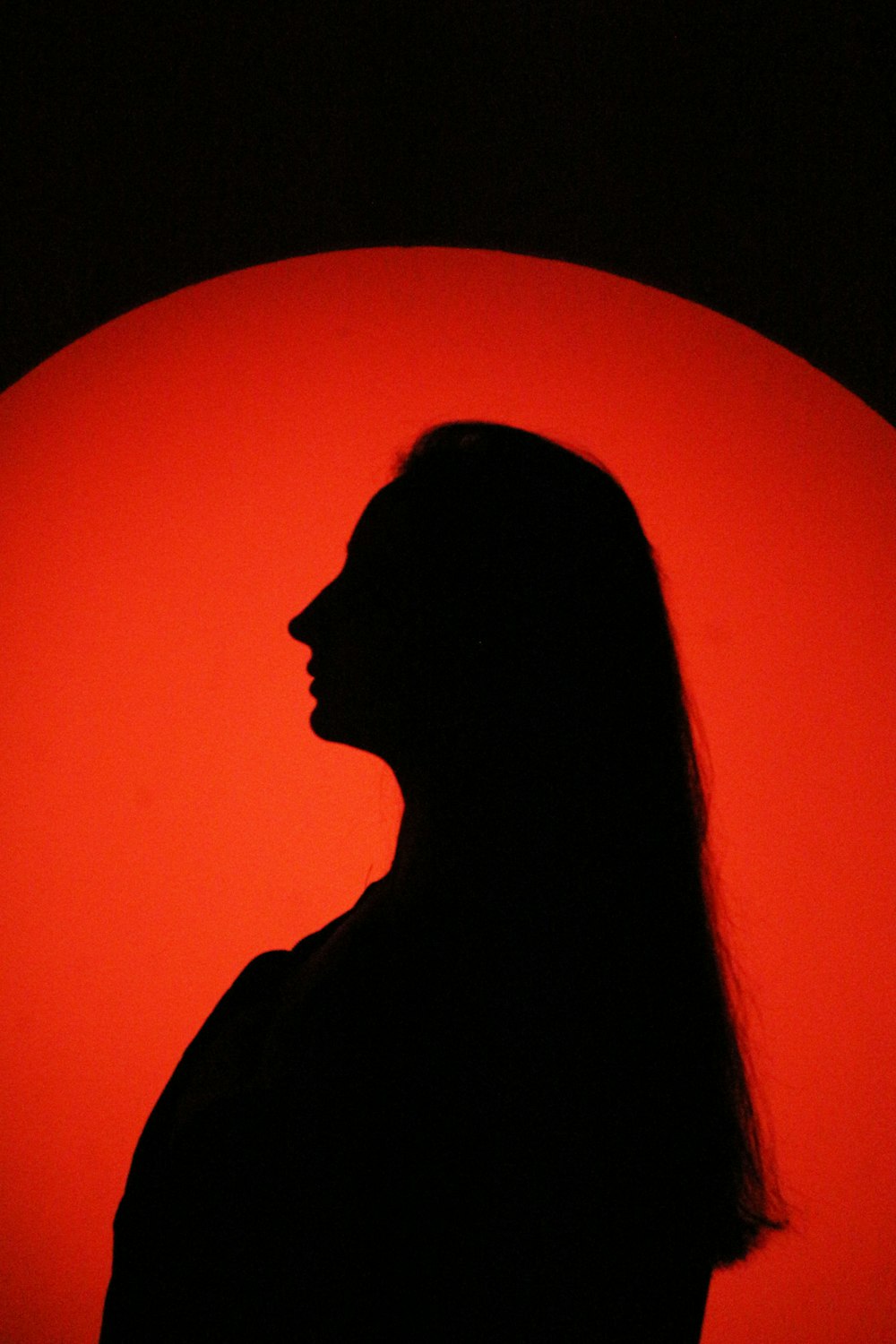 a silhouette of a woman in front of a red circle