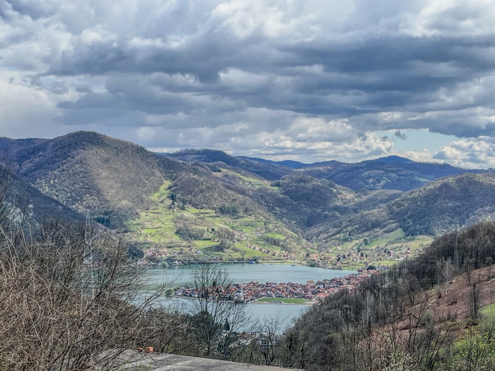 a scenic view of a lake and mountains