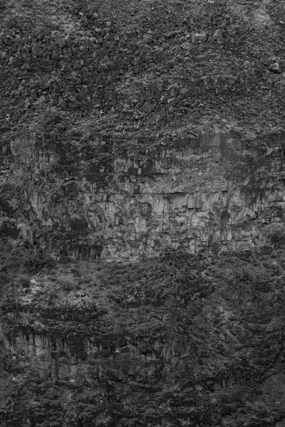 a black and white photo of a mountain side