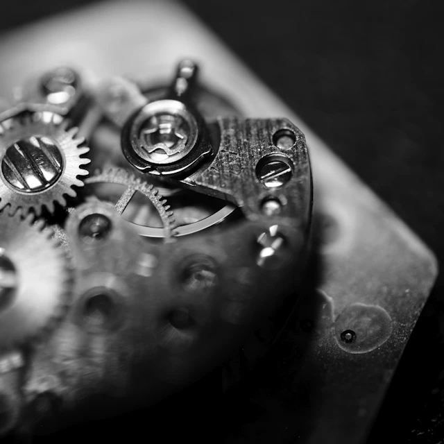 A black and white close-up photo of a mechanical watch movement