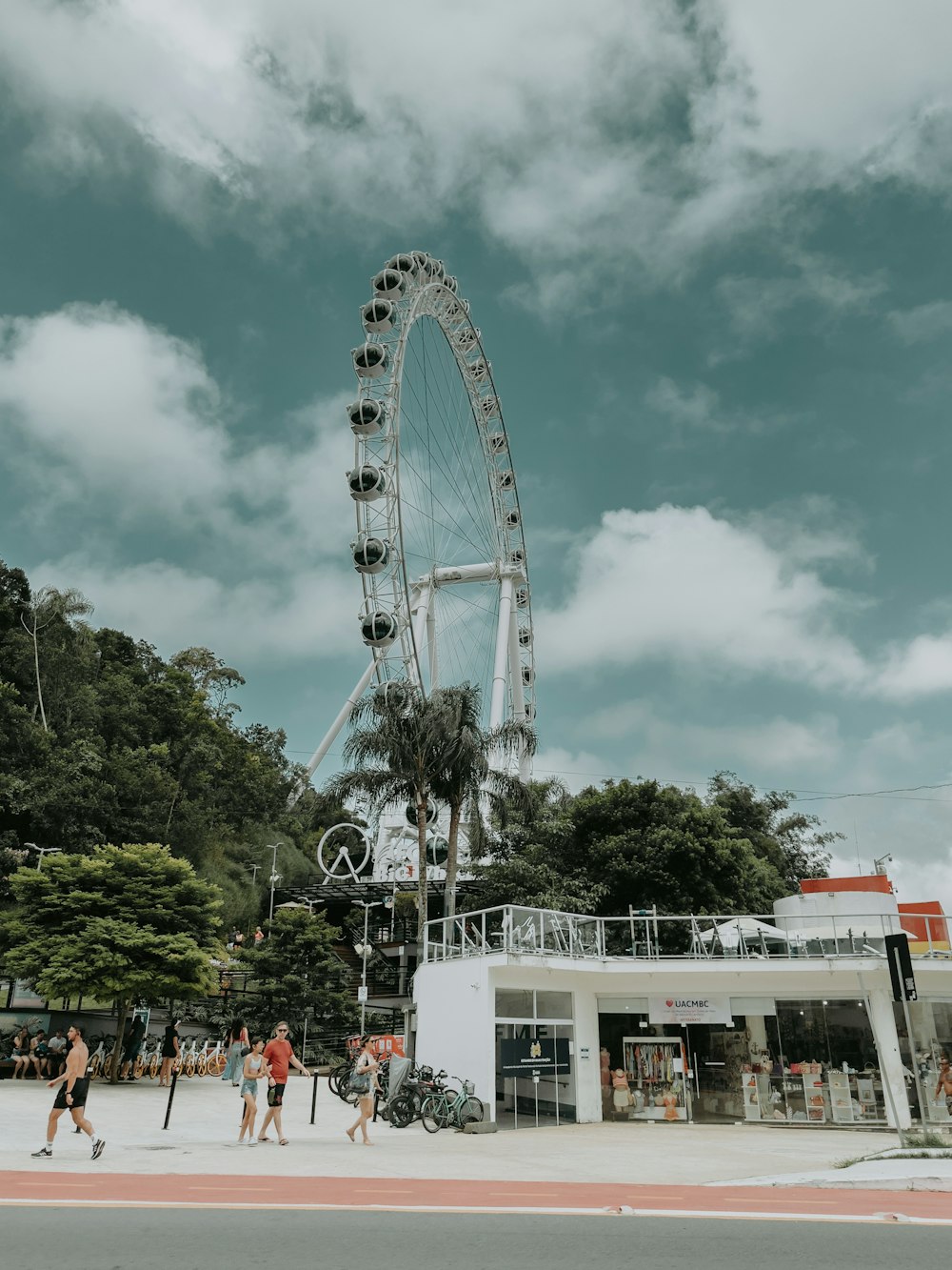 a large ferris wheel on a cloudy day