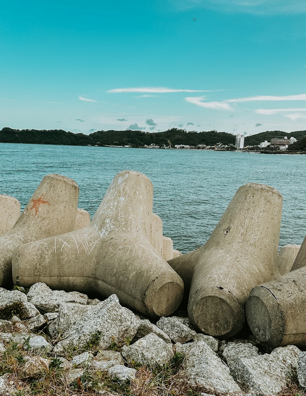 a group of cement logs sitting on top of a rocky beach