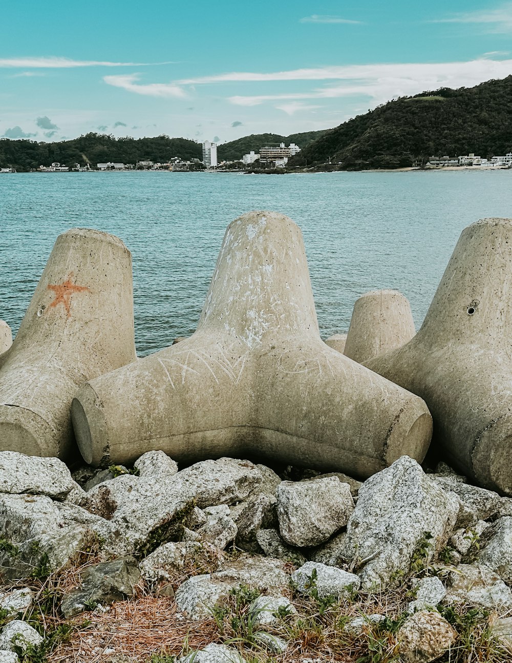 eine Gruppe von Felsen, die neben einem Gewässer sitzt