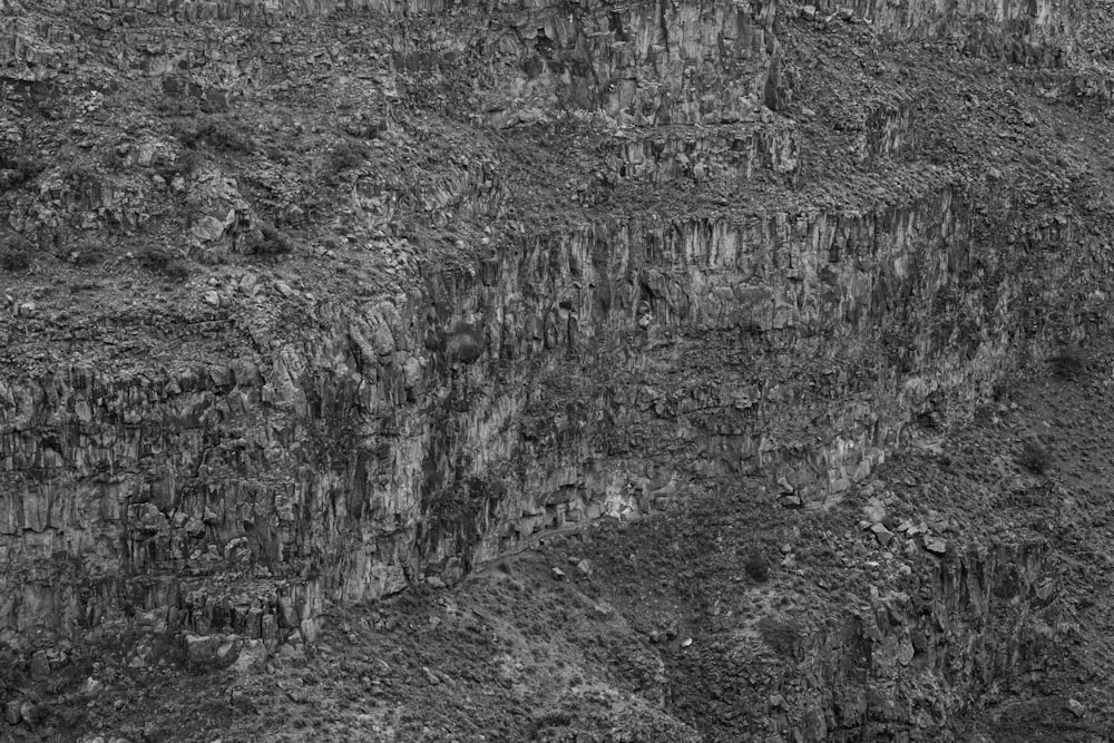 a black and white photo of a cliff face