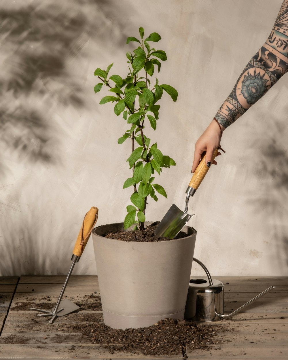 a man with a tattoo on his arm is digging into a potted plant