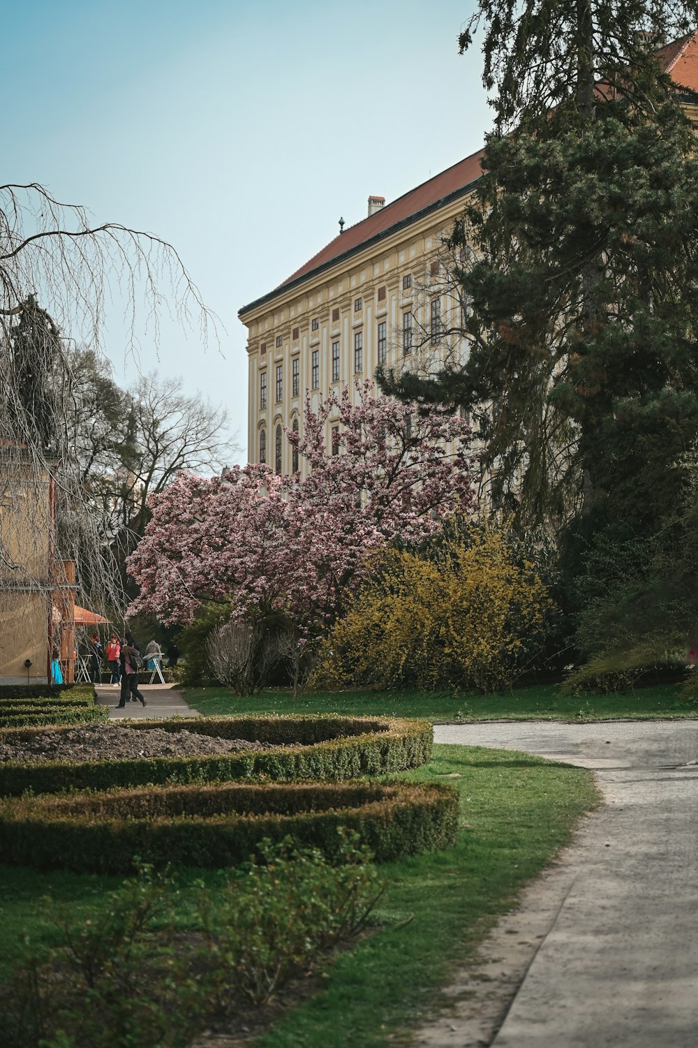 a couple of people walking down a sidewalk next to a lush green park