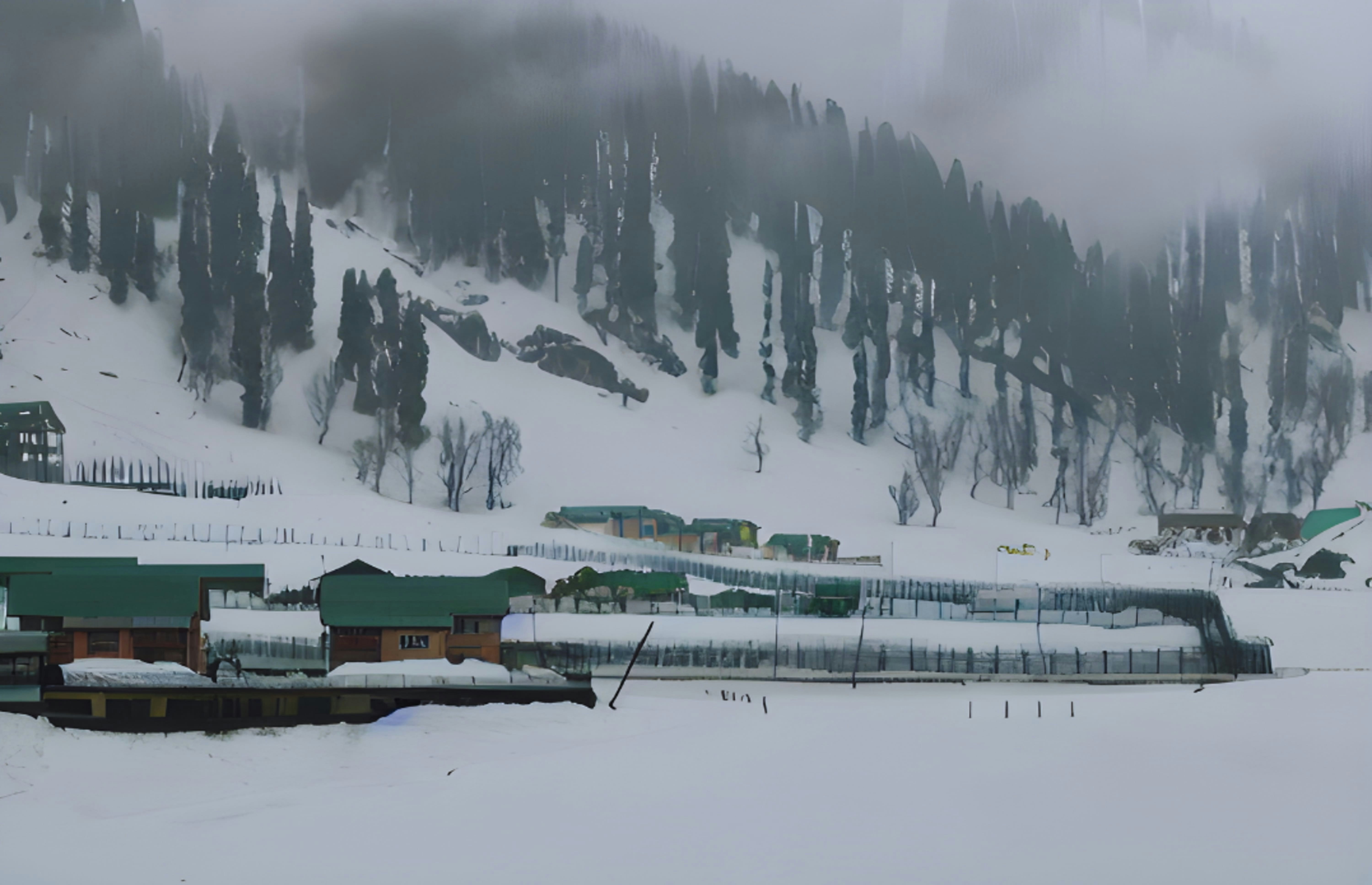 A panoramic shot of a remote, snow-capped village in Kashmir with a small government school building in the foreground