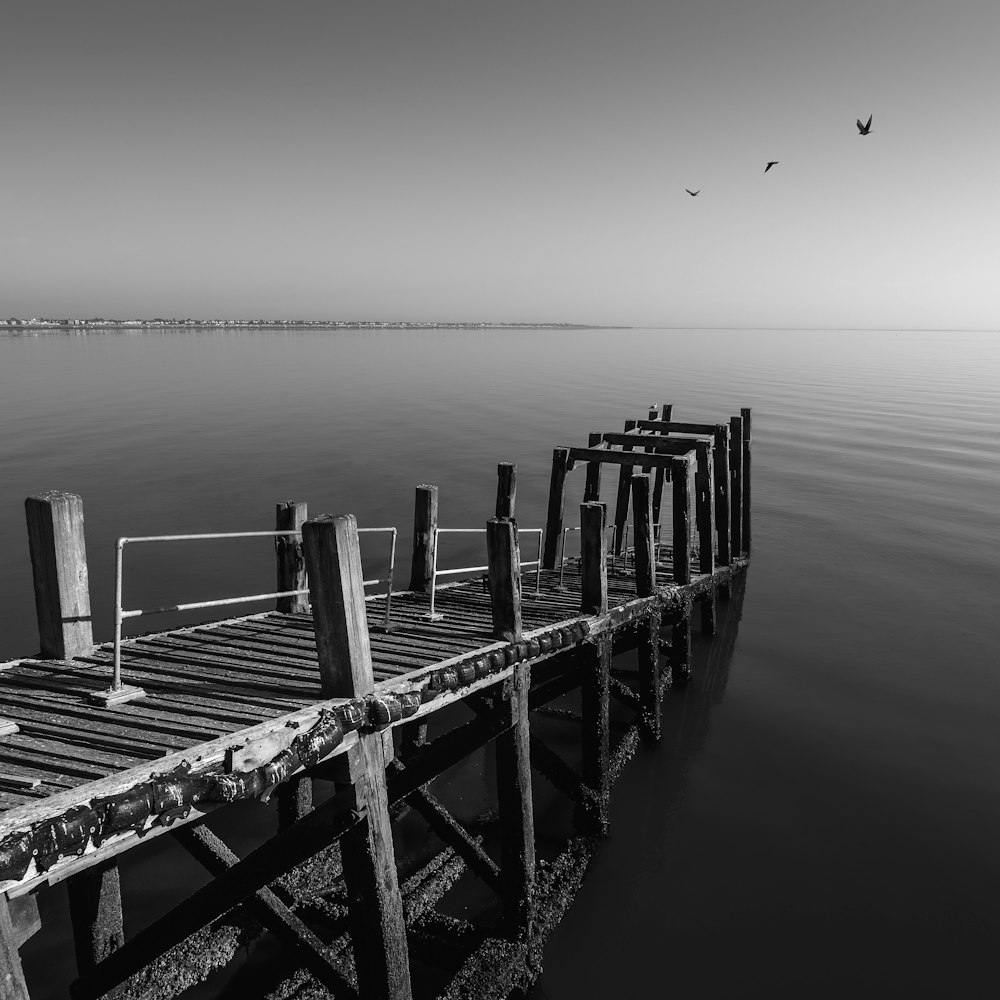 a black and white photo of a dock in the water