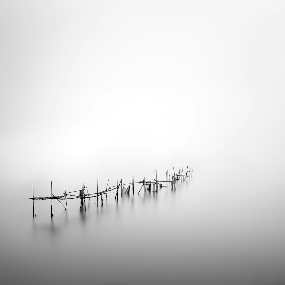 a black and white photo of a fence in the fog