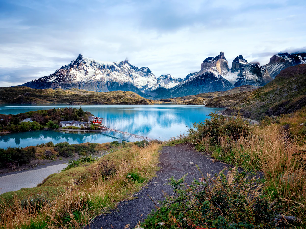The granite Cuernos del Paine, dusted with snow, above Lago Pehoé and its island hotel in Torres del Paine