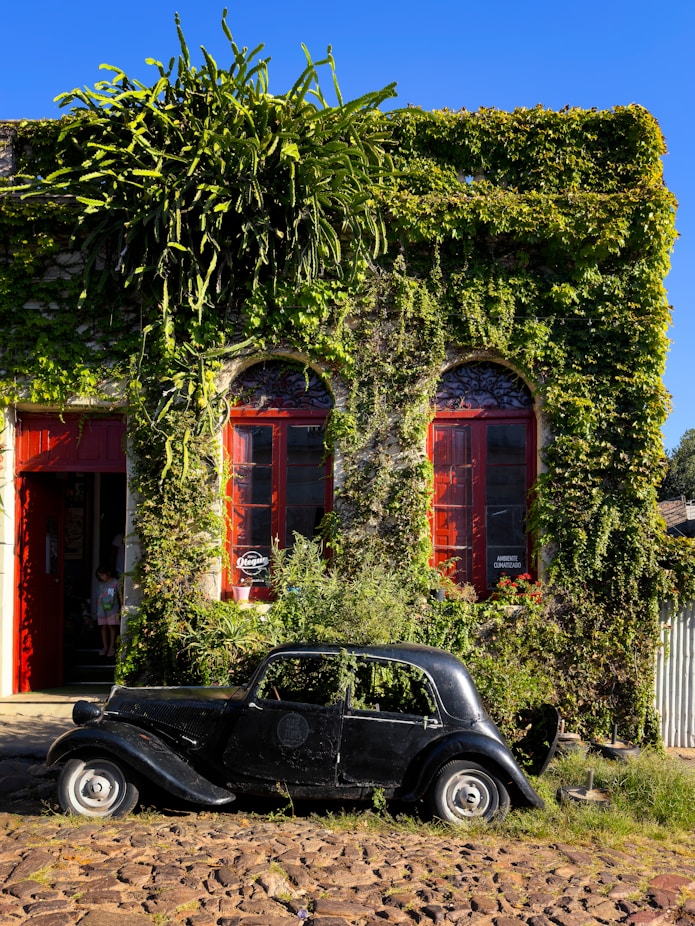 a car parked in front of a building covered in vines