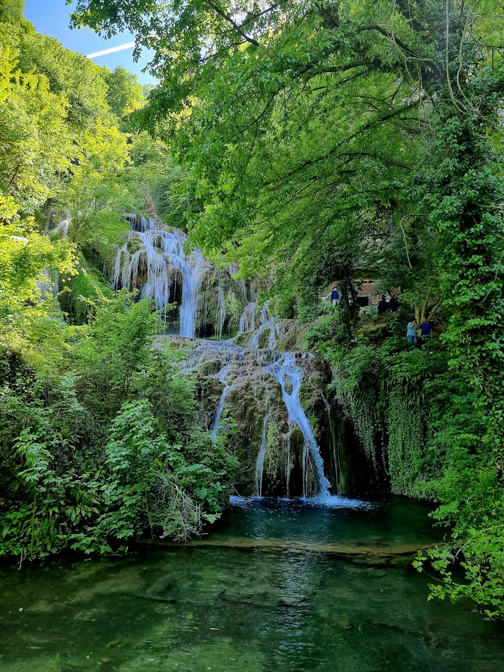 a waterfall in the middle of a lush green forest