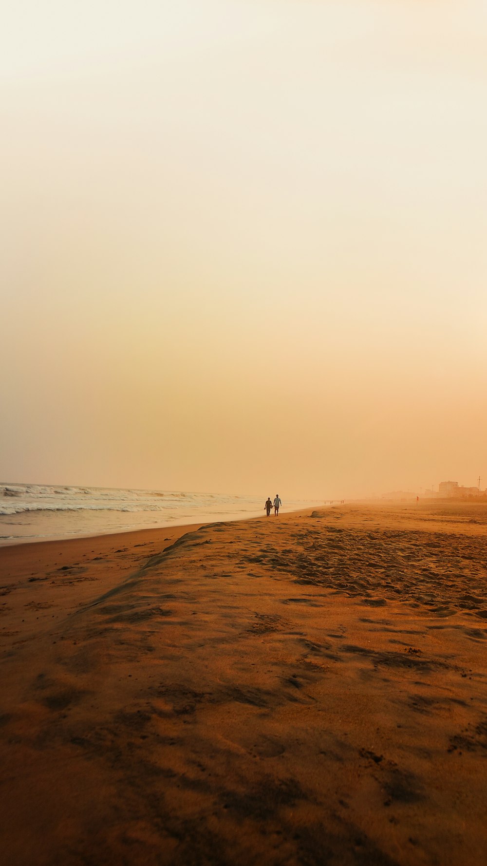 a couple of people walking along a sandy beach